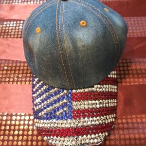Denim Flag Hat with multi color rhinestones